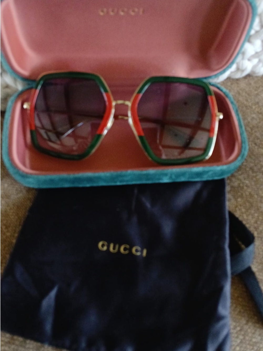 Gucci Green and Red Hexagon Frame Women's Sunglasses